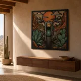 Classic Motorcycle on Desert Canyon Road Colorful Metal Wall Art