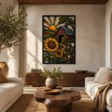 Bunte Metall-Wandkunst mit rotem Bauernhaus und Sonnenblumen bei Sonnenaufgang
