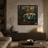 Retro Camper Trailer at Mountain Campfire Colorful Metal Wall Art
