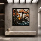 Lighthouse beneath Cross over Ocean Waves Colorful Metal Wall Art