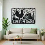 Personalized Rooster Farm Metal Wall Art with Barn Scene