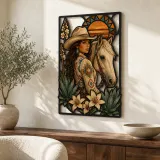 Cartel de metal colorido de vaquera con caballo palomino y lirios del desierto