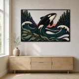 Orca Leaping through Ocean Waves by Pine Forest Colorful Metal Wall Art