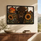 Bisonte con Girasoli in Paesaggio Occidentale Insegna in Metallo Colorata