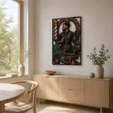 Black Barber with Vintage Chair and Shop Pole Colorful Metal Wall Art