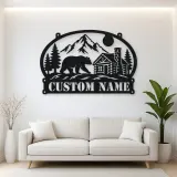 Personalized Bear Cabin Metal Wall Art with Mountain Scene