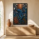 Blue Octopus with Coral and Copper Moon Colorful Metal Wall Art
