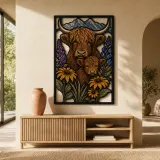 Highland Cow and Calf with Purple Wildflowers Colorful Metal Wall Art