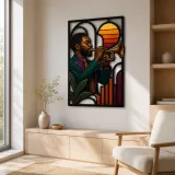 Black Trumpet Player in Mid Century Jazz Scene Colorful Metal Wall Art