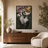 Gru Giapponese sotto i Fiori di Ciliegio e la Luna Insegna in Metallo Colorata