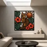 Bengal Cat with Tropical Hibiscus and Sun Colorful Metal Wall Art