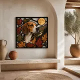 Beagle with Autumn Leaves and Full Moon Colorful Metal Wall Art