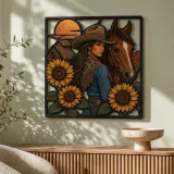 Cowgirl with Horse Sunflowers and Western Barn Colorful Metal Wall Art