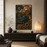 Vintage Pickup Truck by Barn and Sunflowers Colorful Metal Wall Art