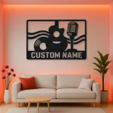 Personalized Vinyl Record Metal Wall Art with Vintage Microphone