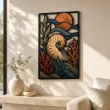 Nautilus Shell with Coral and Copper Moon Colorful Metal Wall Art