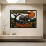 Elephant Mother and Calf on Savanna Colorful Metal Wall Art