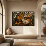 Lion and Lamb Resting Together at Sunrise Colorful Metal Wall Art