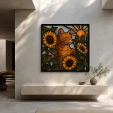 Orange Tabby Cat with Sunflowers by Barn Colorful Metal Wall Art