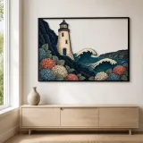 Coastal Lighthouse with Hydrangeas and Ocean Waves Colorful Metal Wall Art