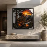 Acoustic Guitarist by Mountain Lake at Sunset Colorful Metal Wall Art