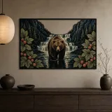Brown Bear Standing in Mountain Waterfall Colorful Metal Wall Art