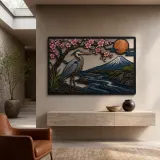 Heron beneath Cherry Blossoms with Mount Fuji Colorful Metal Wall Art