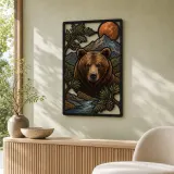 Brown Bear by Mountain Stream and Copper Moon Colorful Metal Wall Art