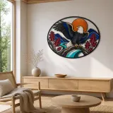 Bald Eagle on Oak Branch beneath Copper Moon Colorful Metal Wall Art