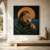 Lion Portrait with Ferns and Copper Sun Colorful Metal Wall Art