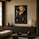 Afro Woman Playing Piano beneath Crescent Moon Colorful Metal Wall Art