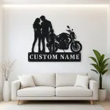Personalized Motorcycle Family with Helmet Carrying Child Metal Wall Art