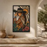 Cowgirl Portrait with Cactus and Desert Wildflowers Colorful Metal Wall Art