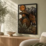 Cowboy with Horse Mountains and Full Moon Colorful Metal Wall Art
