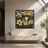 Spring Lamb with White Lilies at Sunrise Colorful Metal Wall Art
