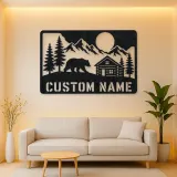 Personalized Bear and Log Cabin Metal Wall Art