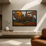 Mid Century City Skyline over Rolling Fields Colorful Metal Wall Art