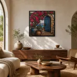 Insegna in metallo colorata con porta ad arco in pietra blu, bougainvillea e mare