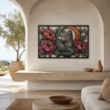 Russian Blue Cat with Pink Peonies and Moon Colorful Metal Wall Art
