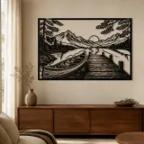 Kanu und Dock am Bergsee bei Sonnenuntergang - Bunte Metall-Wandkunst