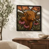 Mucca Highland con Echinacee Rosa e Colline Insegna in Metallo Colorata