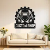 Personalized Welder Helmet Metal Wall Art with Crossed Torches