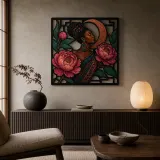Afro Woman with Pink Peonies and Copper Moon Colorful Metal Wall Art