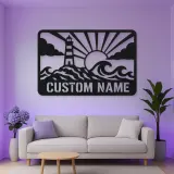 Personalized Lighthouse Metal Wall Art with Ocean Waves