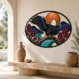 Bald Eagle on Oak Branch beneath Copper Moon Colorful Metal Wall Art