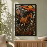 Running Bay Horse with Mountain Sunset Colorful Metal Wall Art
