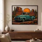 Vintage Pickup Truck auf Wüstenstraße bei Sonnenuntergang Farbige Metall-Wandkunst