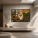 Pembroke Corgi with Sunflowers at Sunrise Colorful Metal Wall Art