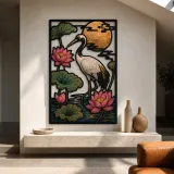 Crane in Lotus Pond beneath Copper Moon Colorful Metal Wall Art