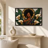 Afro Woman with Calla Lilies and Art Deco Sun Colorful Metal Wall Decor